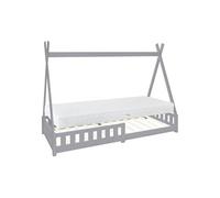 ML-Design Lit Enfant Tipi 90x200 cm Gris avec Matelas à Mousse Froide, H:16 cm, Housse Amovible, Sommier à Lattes, Anti-Chute, Lit Style Indien en Bois de Pin Massif, Protection Contre Les Chutes