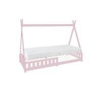 ML-Design Lit Enfant Tipi 90x200 cm Rose avec Matelas à Mousse Froide, H:16 cm, Housse Amovible, Sommier à Lattes, Anti-Chute, Lit Style Indien en Bois de Pin Massif, Protection Contre Les Chutes