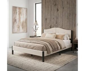 ML-Design Lit Rembourré 140x200 cm, Cadre de Lit Double avec Sommier à Lattes et Têtière, Capitonné en Tissu de Lin Beige, Structure Stable en Acier, Mobilier pour Chambre à Coucher, Montage Simple