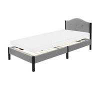 ML-Design Lit Rembourré 90x200 cm avec Matelas H 10 cm, Cadre de Lit Simple avec Sommier à Lattes et Têtière, Capitonné en Tissu de Lin Gris, Structure Stable en Acier, Mobilier pour Chambre d'enfant