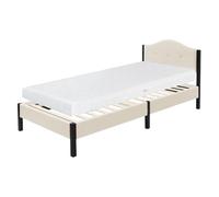 ML-Design Lit Rembourré 90x200 cm avec Matelas H 16 cm, Cadre de Lit Simple avec Sommier à Lattes et Têtière, Capitonné en Tissu de Lin Beige, Structure Stable en Acier, Mobilier pour Chambre d'Enfant