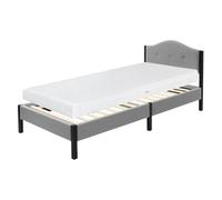 ML-Design Lit Rembourré 90x200 cm avec Matelas H 16 cm, Cadre de Lit Simple avec Sommier à Lattes et Têtière, Capitonné en Tissu de Lin Gris, Structure Stable en Acier, Mobilier pour Chambre d'enfant