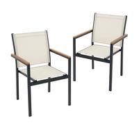ML-Design Lot de 2 Chaises de Jardin avec Accoudoirs Aspect Bois, Beige, Structure en Aluminium Anthracite, Fauteuils en Textilène, Siège Empilable de Terrasse Balcon, Résistant aux Intempéries