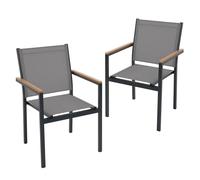 ML-Design Lot de 2 Chaises de Jardin avec Accoudoirs Aspect Bois, Gris Foncé, Structure en Aluminium Anthracite, Fauteuils en Textilène, Siège Empilable de Terrasse Balcon, Résistant aux Intempéries