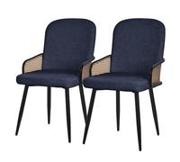 ML-Design Lot de 2 Chaises de Salle à Manger en Tissu Bleu Foncé, Accoudoirs en Rotin et Pieds en Métal Noir, Assise Rembourrée Confortable, Fauteuils Ergonomiques de Cuisine Salon, Style Scandinave