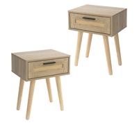 ML-Design Lot de 2 Tables de Chevet avec 1 Tiroir, 40x50,5x30 cm, Aspect Chêne, Table de Nuit Rustique Façade en Rotin Pieds en Bois