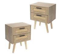 ML-Design Lot de 2 Tables de Chevet avec 2 Tiroirs, 40x50,5x30 cm, Aspect Chêne, Table de Nuit Rustique avec Façade en Rotin et Pieds en Bois, Table d'Appoint Basse pour Lit, Chambre à Coucher, Salon