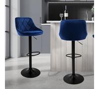 ML-Design Lot de 2 Tabourets de Bar en Velours, Bleu, Chaise Rembourrée avec Dossier et Repose-Pieds, Réglable en Hauteur 62-82 cm, Pivotante à 360°, Tabouret de Comptoir, Pub, Cuisine, Bar de Maison