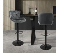ML-Design Lot de 2 Tabourets de Bar en Velours, Gris, Chaise Rembourrée avec Dossier et Repose-Pieds, Réglable en Hauteur 59-79 cm, Pivotante à 360°, Tabouret de Comptoir, Cuisine, Pub, Bar de Maison