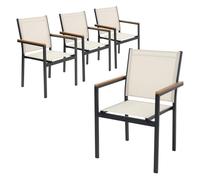 ML-Design Lot de 4 Chaises de Jardin avec Accoudoirs Aspect Bois, Beige, Structure en Aluminium Anthracite, Fauteuils en Textilène, Siège Empilable de Terrasse Balcon, Résistant aux Intempéries