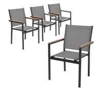 ML-Design Lot de 4 Chaises de Jardin avec Accoudoirs Aspect Bois, Gris Foncé, Structure en Aluminium Anthracite, Fauteuils en Textilène, Siège Empilable de Terrasse Balcon, Résistant aux Intempéries