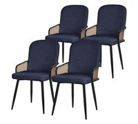 ML-Design Lot de 4 Chaises de Salle à Manger en Tissu Bleu Foncé, Accoudoirs en Rotin et Pieds en Métal Noir, Assise Rembourrée Confortable, Fauteuils Ergonomiques de Cuisine Salon, Style Scandinave