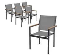 ML-Design Lot de 6 Chaises de Jardin avec Accoudoirs Aspect Bois, Gris Foncé, Structure en Aluminium Anthracite, Fauteuils en Textilène, Siège Empilable de Terrasse Balcon, Résistant aux Intempéries