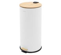 ML-Design Poubelle à Pédale 30 L Blanche en Acier Aspect Mat, Ronde, Couvercle en Bambou avec Fermeture Silencieuse, Seau Intérieur Amovible, Bac à Ordures Hygiénique pour Cuisine et Salle de Bain