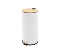 ML-Design Poubelle à Pédale 30 L Blanche en Acier Aspect Mat, Ronde, Couvercle en Bambou avec Fermeture Silencieuse, Seau Intérieur Amovible, Bac à Ordures Hygiénique pour Cuisine et Salle de Bain