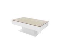 Table basse 110x60x40 cm blanc/imitation chêne en panneau de particules avec 2 compartiments de rangement sous le plateau coulissant