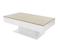Table basse 110x60x40 cm blanc/imitation chêne en panneau de particules avec 2 compartiments de rangement sous le plateau coulissant