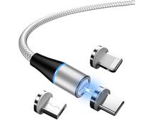 ml MAGNET LIGHT NOUVEAU 2025 Câble USB 3 en1 magnétique à charge rapide IOS/Android/TypeC (Gris), livrez avec 3 embouts