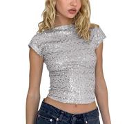 MLKLDOU Débardeur court à paillettes pour femme et fille Dos nu Manches scintillantes, Argenté., M