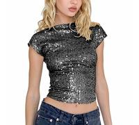 MLKLDOU Débardeur court à paillettes pour femme et fille Dos nu Manches scintillantes, Noir, M