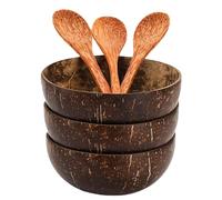 MLKLDOU Ensemble de bols en noix de coco - 3 bols en noix de coco et 3 cuillères, couverts en bois faits à la main, bol à mélanger pour salade de fruits, bol à riz et ramen