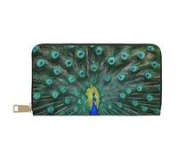 Mlmnbvc Long portefeuille en cuir synthétique avec fermeture éclair pour homme et femme, pochette d'été de grande capacité pour cartes, espèces, pièces de monnaie, plume de paon vert, blanc, taille