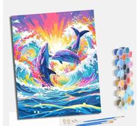 MLNMENG Peinture par Numéros pour Adulte Kits de Avec cadre Peinture au Numéro avec pinceaux de Dessin de Pigment Acrylique pour Décoration de la Maison 40x50 cm Rêve de vagues et de dauphins