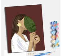 MLNMENG Peinture par Numéros pour Adulte Kits de Peinture au Numéro avec pinceaux de Dessin de Pigment Acrylique pour Décoration de la Maison 40x50 cm Femme à la feuille verte avec le visage couvert