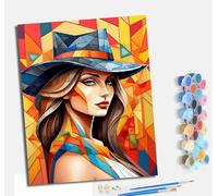 MLNMENG Peinture par Numéros pour Adulte Peinture par Numero pour et Adulte DIY Acrylique Débutants Facile sur Toile Peintures et Pinceaux Avec cadrePortrait d'une belle femme portant un chapeau