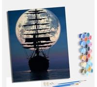 MLNMENG Peinture par Numéros pour Adulte Peinture par Numero pour et Adulte DIY Acrylique Débutants Facile sur Toile Peintures et Pinceaux L'ombre d'un voilier au clair de lune