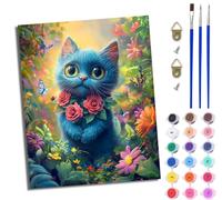 MLNMENG Peinture par Numéros pour Adultes Kit de Peinture à l'huile sur Toile par Numéro pour ou Débutants Avec Pinceaux à Dessin 40 x 50 cm Chat bleu entouré de fleurs et de papillons