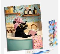 MLNMENG Peinture par Numéros pour Adultes Kit de Peinture à l'huile sur Toile par Numéro pour ou Débutants Avec Pinceaux à Dessin 40 x 50 cm Chat noir en train de lire dans la salle de bain