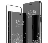 MLOTECH Compatible Coque xiaomi Mi 11 Lite étui+ Verre trempé Film Protecteur Flip Clear View Translucide Miroir Cover Standing 360°Housse Antichoc Smart Cover Bumper Noir
