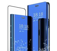 MLOTECH Compatible Coque xiaomi POCO X3 NFC étui+ Verre trempé Film Protecteur Flip Clear View Translucide Miroir Cover Standing 360°Housse Antichoc Smart Cover Bumper Bleu Ciel
