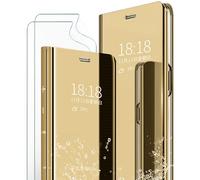 MLOTECH Coque Huawei Mate 20 Pro,+Verre trempé Flip Clear View Translucide Miroir Cover Standing 360°Housse étui Antichoc Smart Cover Bumper Golden
