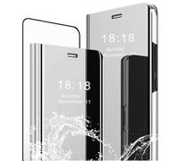 MLOTECH Coque pour Samsung Galaxy S21 Plus,étui+ Verre trempé Film Protecteur Flip Clear View Translucide Miroir Cover Standing 360°Housse Antichoc Smart Cover Bumper Argent