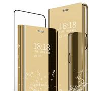 MLOTECH Coque pour Samsung Galaxy S21 Plus,étui+ Verre trempé Film Protecteur Flip Clear View Translucide Miroir Cover Standing 360°Housse Antichoc Smart Cover Bumper Golden