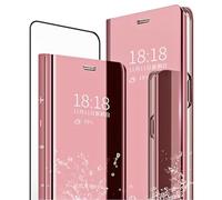 MLOTECH Smart étui pour Huawei P30 Coque et Verre trempé Flip Clear View Translucide Miroir Standing 360°Housse Antichoc Bumper -Or Rose