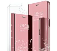 MLOTECH Smart étui pour Huawei P30 Pro Coque et Verre trempé Flip Clear View Translucide Miroir Standing 360°Housse Antichoc Bumper -Or Rose