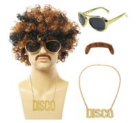 MLPKOI 4 Pcs Perruque afro avec Lunettes de Soleil, Fausse Barbe, Collier, Perruque Homme, Perruques, Année 80 70s, Disco Rocker Hippies pour Carnaval, Cosplay, Halloween, Soirée Fête à Thème