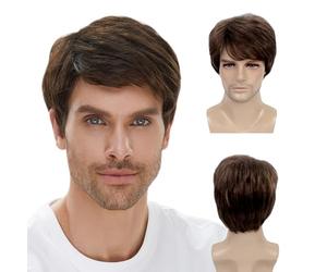 MLPKOI Perruque Homme, Courte Perruque Brune, Pperruque Courte, Pperruque Synthétiques, Perruques Cheveux Courts en Couches avec Frange Halloween Cosplay Costume de Fête Quotidien