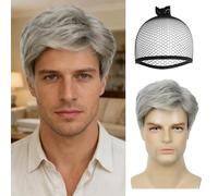 MLPKOI Perruque Homme, Courte Perruque Grises, Pperruque Courte, Pperruque Synthétiques, Perruques Cheveux Courts en Couches avec Frange Halloween Cosplay Costume de Fête Quotidien (Gris)