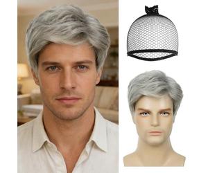 MLPKOI Perruque Homme, Courte Perruque Grises, Pperruque Courte, Pperruque Synthétiques, Perruques Cheveux Courts en Couches avec Frange Halloween Cosplay Costume de Fête Quotidien (Gris)