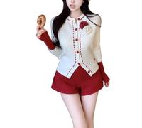 MLSHWUG Cardigan En Tricot À Fleurs 3D Pour Femmes, Pull, Ensemble Vintage De Pantalon Droit Et Top En 2 Pièces,Rouge,S