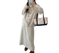 MLSHWUG Cardigan Femme Vintage À Double Boutonnage Avec Fermeture Éclair Décorative Et Jupe Unie, Ensemble 2 Pièces,Blanc,One Size