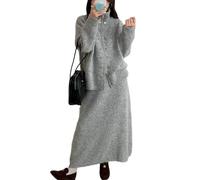 MLSHWUG Cardigan Femme Vintage À Double Boutonnage Avec Fermeture Éclair Décorative Et Jupe Unie, Ensemble 2 Pièces,Gris,One Size