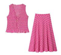 MLSHWUG Ensemble 2 Pièces Pour Femme : Haut Sans Manches Floral Style Campagne Et Jupe Longue Fluide Taille A Décontractée,Rose,L