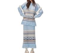 MLSHWUG Ensemble 2 Pièces Pour Femme : Pull Rétro À Rayures Avec Imprimé Et Jupe Longue Droite À Franges,Bleu,One Size