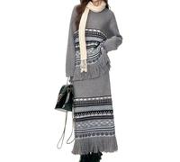 MLSHWUG Ensemble 2 Pièces Pour Femme : Pull Rétro À Rayures Avec Imprimé Et Jupe Longue Droite À Franges,Gris,One Size