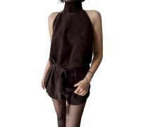 MLSHWUG Ensemble Deux Pièces Pour Femme : Haut Dos Nu À Col Haut Halter Et Pantalon Mini Bouffant Smocké Fluide Pour Fête,Marron,M